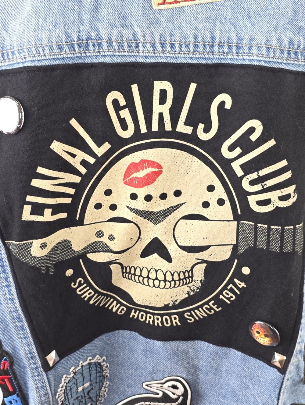 Boneyard Threadz Final Girl Denim Horror Battle Jacket Size 1X - Picture 8 of 12